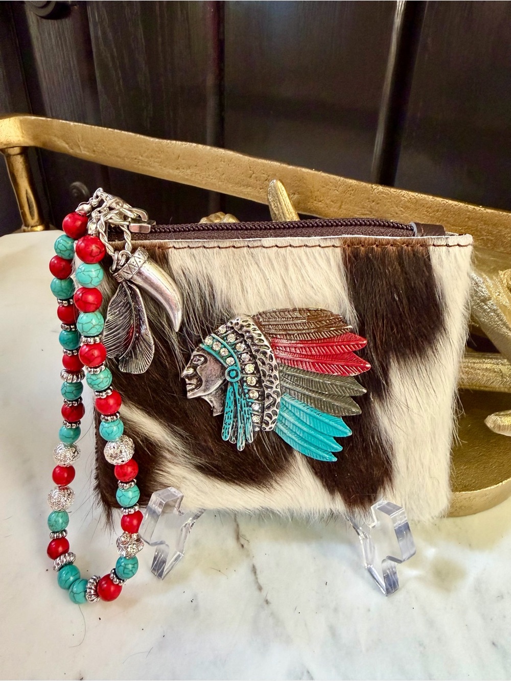 GENUINE COWHIDE LEATHER HAIR ON HIDE Wristlet Wallet Purse Native Tribal Boho